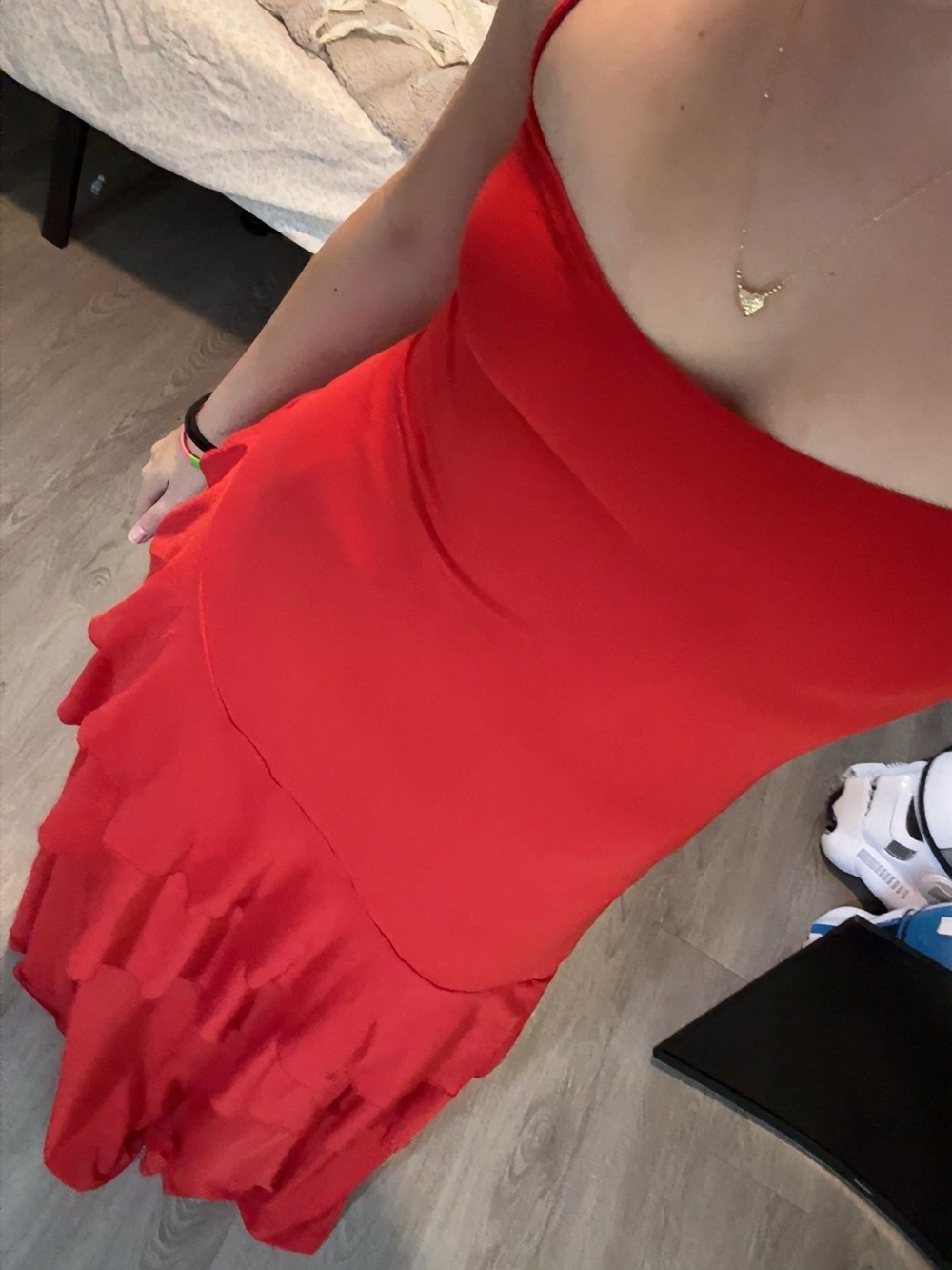 Red Spaghetti-Strap Ruffle Hem Dress